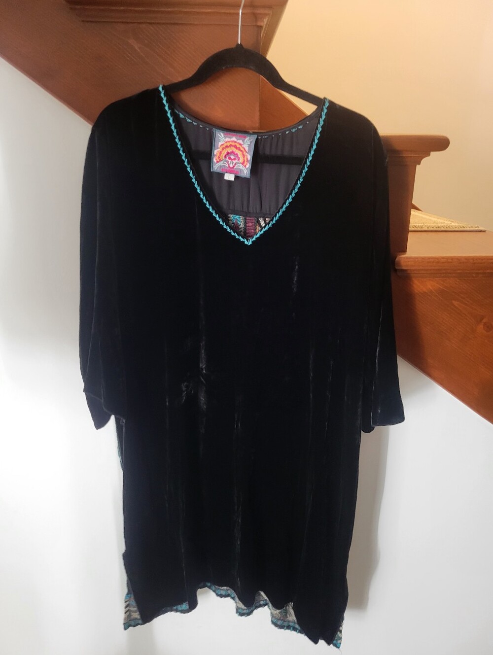 Johnny Was Black Velvet Tunic with Teal Trim Size L - Picture 2 of 9
